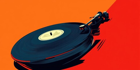 Wall Mural - Black vinyl record on red and orange background.