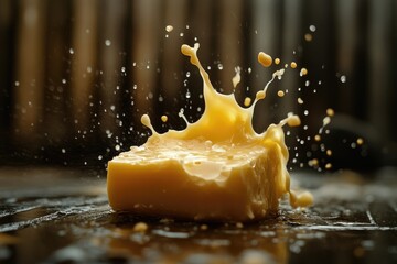 Canvas Print - Golden Liquid Splashing Over a Solid Block