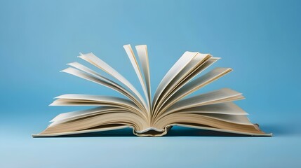 Wall Mural - A book is open on the table, with a white, blurred background and soft light. The pages of the book show colorful text in a high-definition photography style.