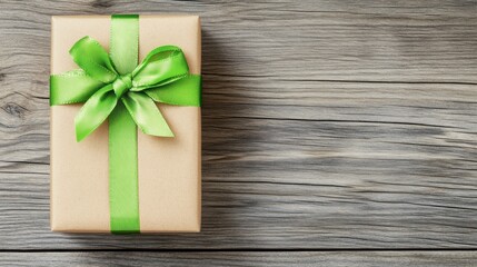 Wall Mural - Gift Box Wrapped with Green Ribbon on Wooden Surface