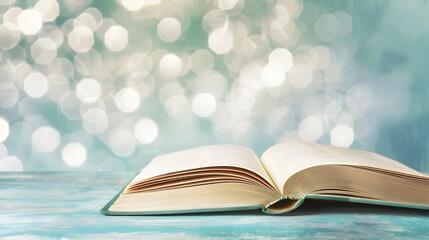 Wall Mural - A book is open on the table, with a white, blurred background and soft light. The pages of the book show colorful text in a high-definition photography style.