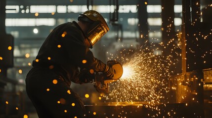 Wall Mural - Electric wheel grinding on steel structure in factory. 