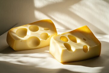 Poster - Two Slices of Swiss Cheese with Large Holes on a White Surface