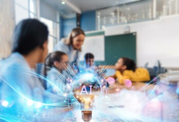 Leinwandbilder - A glowing light bulb with the letters AI inside, in front of a blurred classroom scene with students and a teacher.
