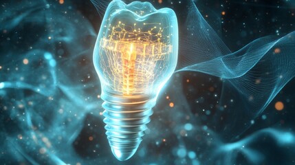 Poster - A dental implant is depicted radiating a bright glow, surrounded by a swirling array of blue and orange particles