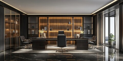 luxury open office with dark grey and gold wooden panels wall, desks and chairs, elegant wooden partition and beautiful floor 