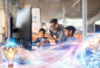 Poster - A glowing lightbulb with digital lines and a blurred background of students in a classroom, symbolizing education and innovation.