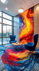 Wall Mural - Modern office lounge with blue chairs, a coffee table, and abstract wall art and rug.