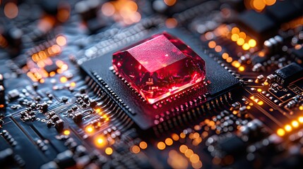 ruby on rails programming concept featuring ruby stone on microchip plate symbolizing the integration of the ruby language with web development technology.illustration