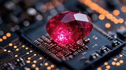 ruby on rails programming concept featuring ruby stone on microchip symbolizing the integration of the ruby language with web development technology