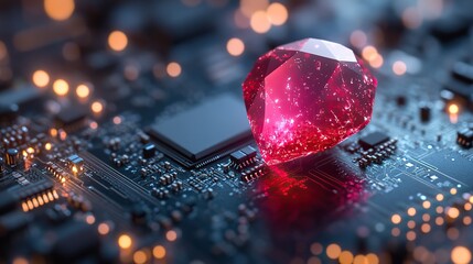 ruby on rails programming concept featuring ruby stone on microchip symbolizing the integration of t