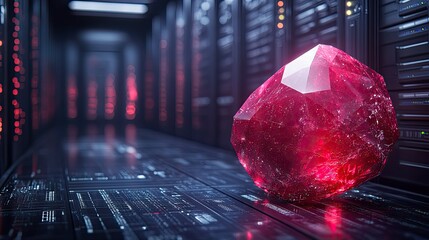 ruby on rails programming language concept featuring vibrant red ruby stone against the backdrop of high tech server room symbolizing robust web development and efficient server management