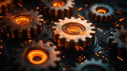 rust programming language concept with rusty gears emerging from dark background symbolizing robust and efficient systems.stock image