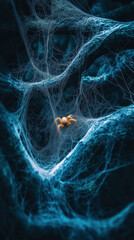 A spider is hanging from a web in the ocean. The spider is brown and he is small
