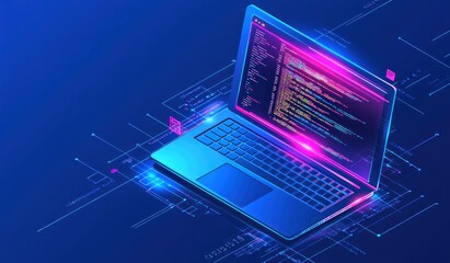Laptop with glowing screen on digital background