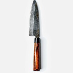 A Sharp, Handcrafted Knife with a Damascus Steel Blade and a Wooden Handle