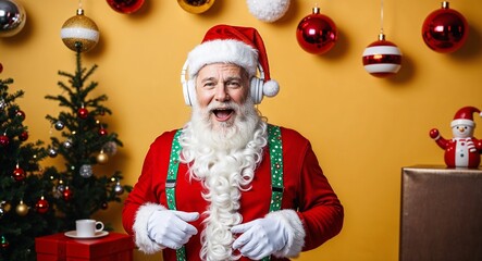 Nightclub invite on christmas party celebration funky crazy santa claus dj in white headset sing song sound melody listen music dance wear stylish x-mas hat suspenders isolated yellow color background