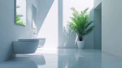 Sticker - Modern Bathroom with White Toilets and a Palm Plant