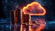 © Wiseman - stacked coins in front of glowing cloud symbolizing cloud cost management.stock image