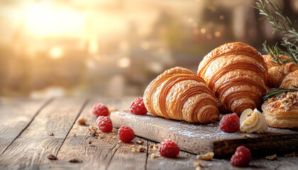 Poster - Fresh raspberry croissant on rustic wooden table background. generated by AI