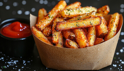 Poster - French fries stacked on wooden table, unhealthy snack. generated by AI