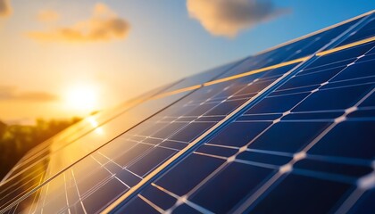 Close-up of solar panels reflecting sunlight against a beautiful sky, showcasing renewable energy technology.