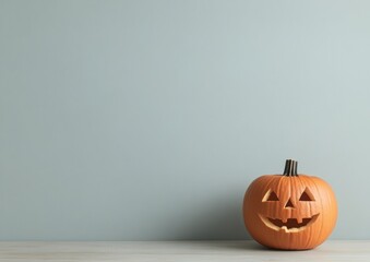Poster - Minimalist Halloween Decor Single Carved Pumpkin on Clean Background
