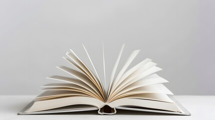 Wall Mural - A book is open on the table, with a white, blurred background and soft light. The pages of the book show colorful text in a high-definition photography style.