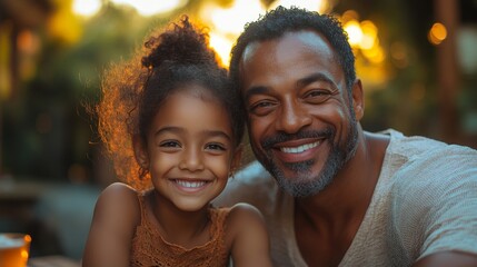 A father and his young daughter enjoy a heartwarming moment in a beautiful outdoor area at sunset, both smiling widely and radiating joy.