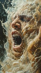 Abstract Surrealist Painting of a Screaming Face Submerged in Water