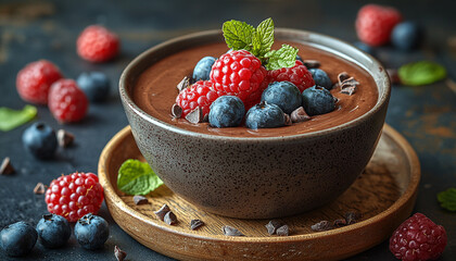 Poster - Blueberry and raspberry dessert in rustic wooden bowl. generated by AI