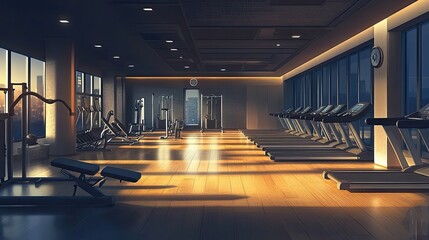 Canvas Print - Modern gym with a row of treadmills facing windows with a cityscape view.