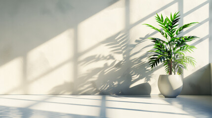 Wall Mural - Minimalistic light background with blurred palm plant pot shadow on a light wall