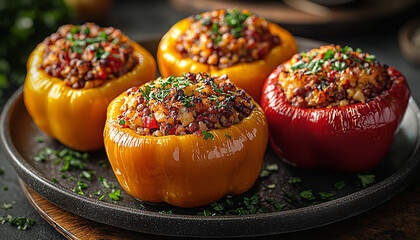 Poster - Healthy meal of stuffed bell peppers with grilled meat. generated by AI