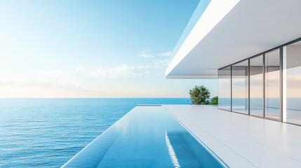 Perspective of modern luxury building with wood terrace and swimming pool on sea view background