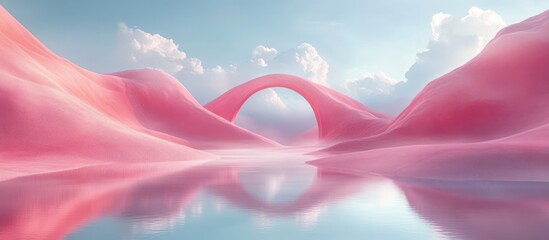 Wall Mural - A surreal pink landscape with a bridge arching over a still lake, reflecting the surrounding mountains and sky.