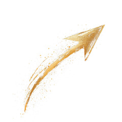 Aufkleber - hand drawn gold arrow pointing upwards, surrounded by splash of golden particles, symbolizes growth and success. This striking image stands out against black background, png transparent background