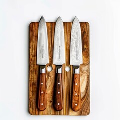 Three Matching Kitchen Knives on a Wooden Cutting Board