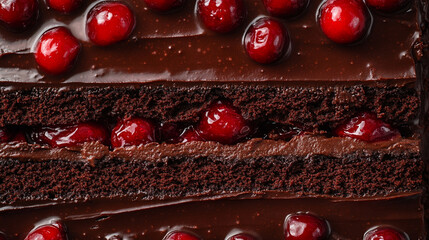 a close-up, top-down view of a chocolate cake slice, filling the entire frame with detailed layers