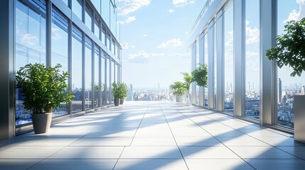 Canvas Print - Modern office balcony overlooking a city with potted plants and a clear blue sky.