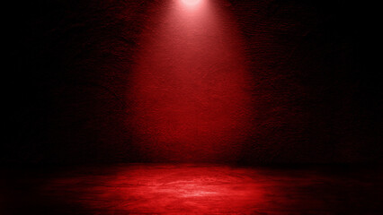 Empty space of Studio dark room with red lighting effect on concrete wall grunge texture background for product showing.