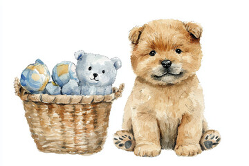 A cute puppy sits beside a basket holding a teddy bear and colorful eggs, capturing a playful and whimsical scene.