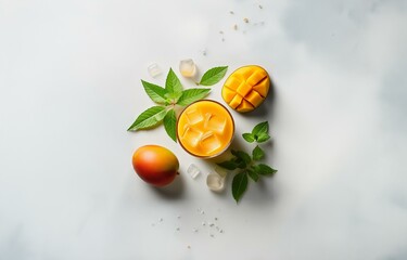 Mango juice, a whole mango and a slice of mango, ice cubes, green leaves on a white surface.