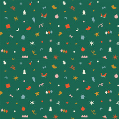 Wall Mural - Merry Christmas abstract shape decoration seamless pattern illustration. Retro style winter holiday ornament cartoon texture. Xmas celebration event wallpaper, festive print.