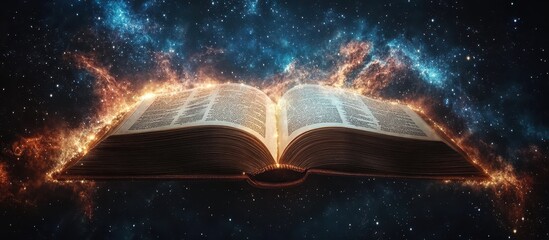 Wall Mural - Magical Open Book with Cosmic Background and Glowing Pages in a Mystical Starry Universe