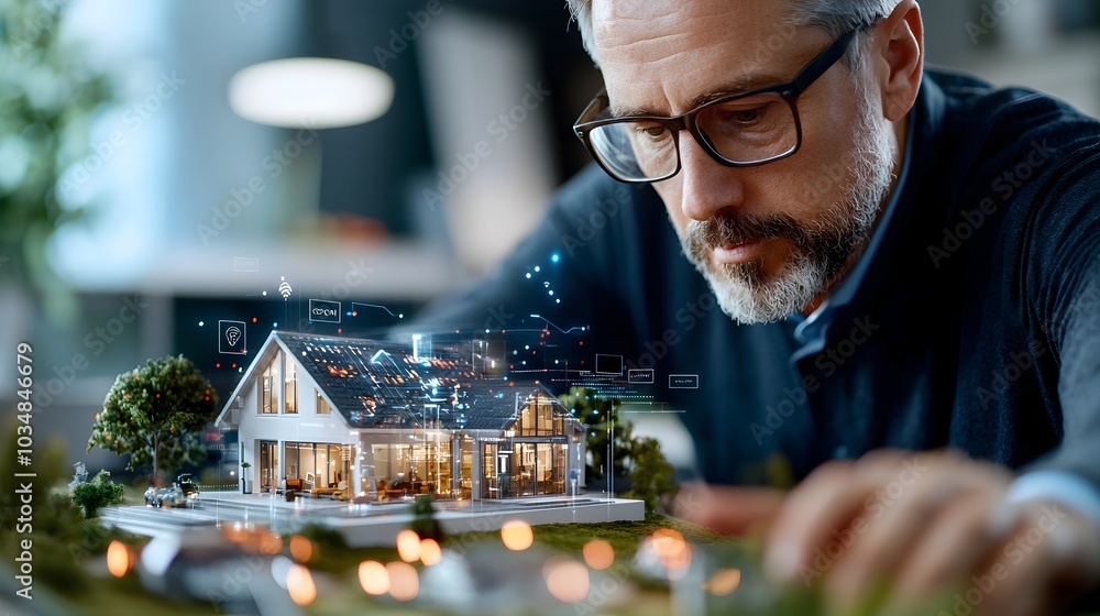 Futuristic scene of engineers and technicians constructing a smart home ...