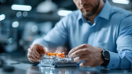 A group of engineers closely examining and testing a new electric vehicle battery in a workshop setting conducting research and development for the latest automotive technology innovations