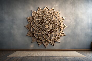 Wall Mural - intricate wooden mandala wall decor on gray background