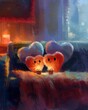 © serg3d - A painting of a couple sitting on top of each other with hearts. AI.
