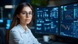 © maesarin - Skilled Female Engineer Overseeing Futuristic Control Room with Advanced Monitoring of Complex Technological Systems and Displays